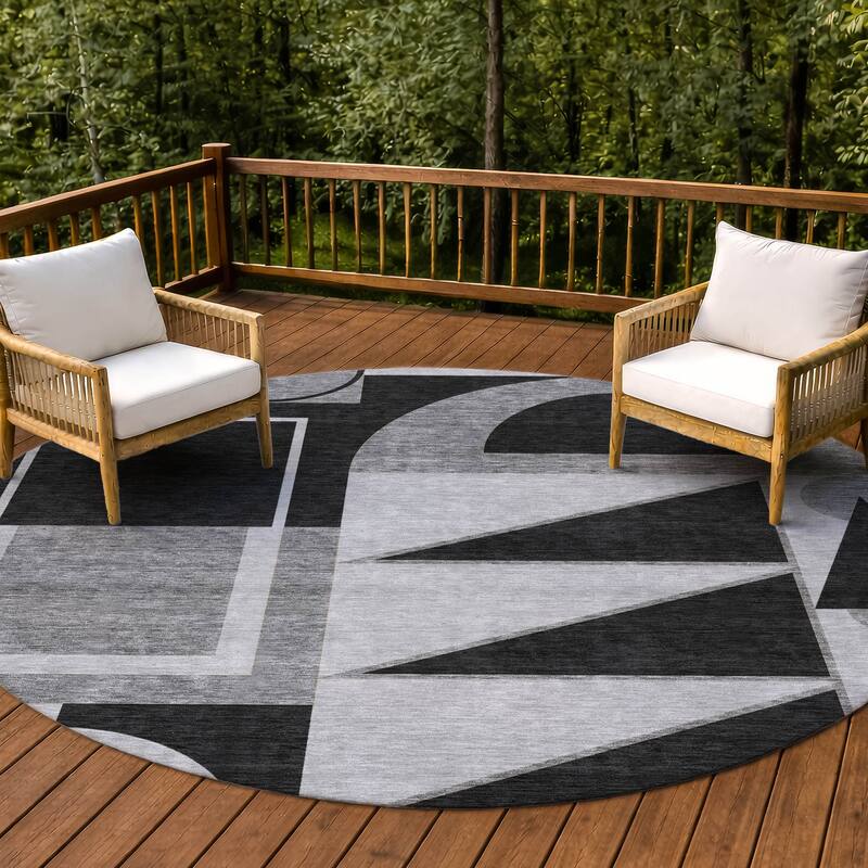 Machine Washable Indoor/ Outdoor Modern Crowley Chantille Rug - Black - 8' x 8'