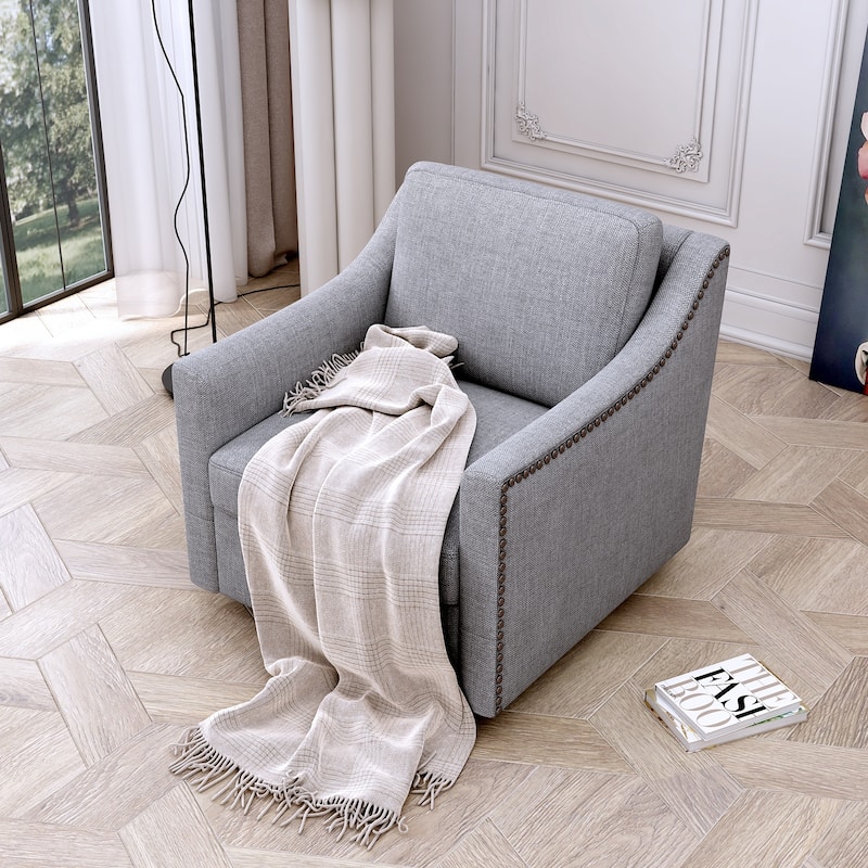 360 Degree Swivel Armchair Cotton Linen Skin-friendly Fabric Ergonomic Design Brass Nail Decorative