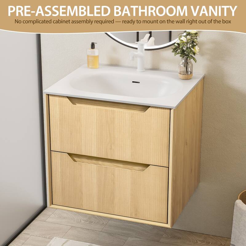 32" Floating Bathroom Vanity with Sink - Multi-Layer Solid Wood, Wall-Mounted with White Stone Top & 2 Soft-Close Drawers