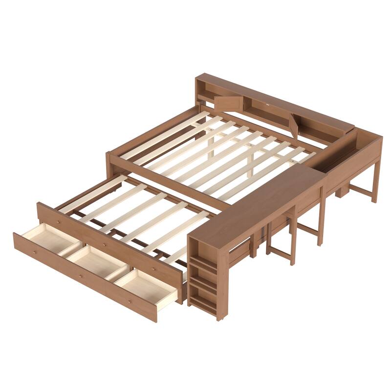 Full/Twin Daybed with Trundle & Storage Drawers - Wood Frame with Side Shelves and Desk