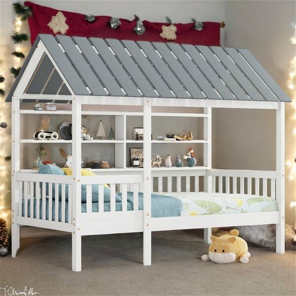 slide 2 of 12, Wood Twin Size House Bed with Roof, Guardrail, and Shelves in White White