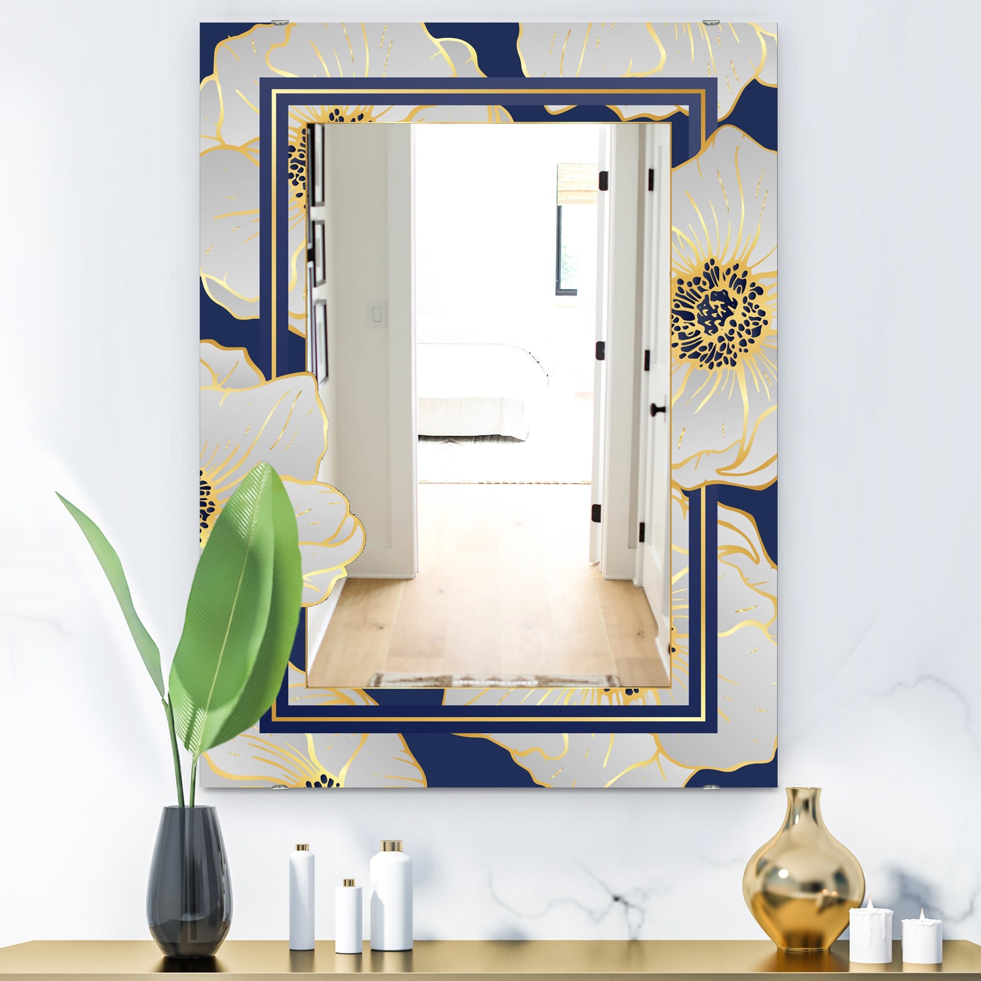 Designart 'Botanical Gold Floral Arrangement II' Glam Mirror - Frameless Vanity Printed Mirror