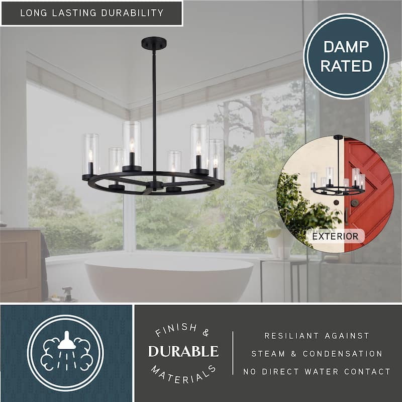 Grantley Wheel Chandelier Light Fixture Clear Glass Shade, LED Compatible, Damp Rated
