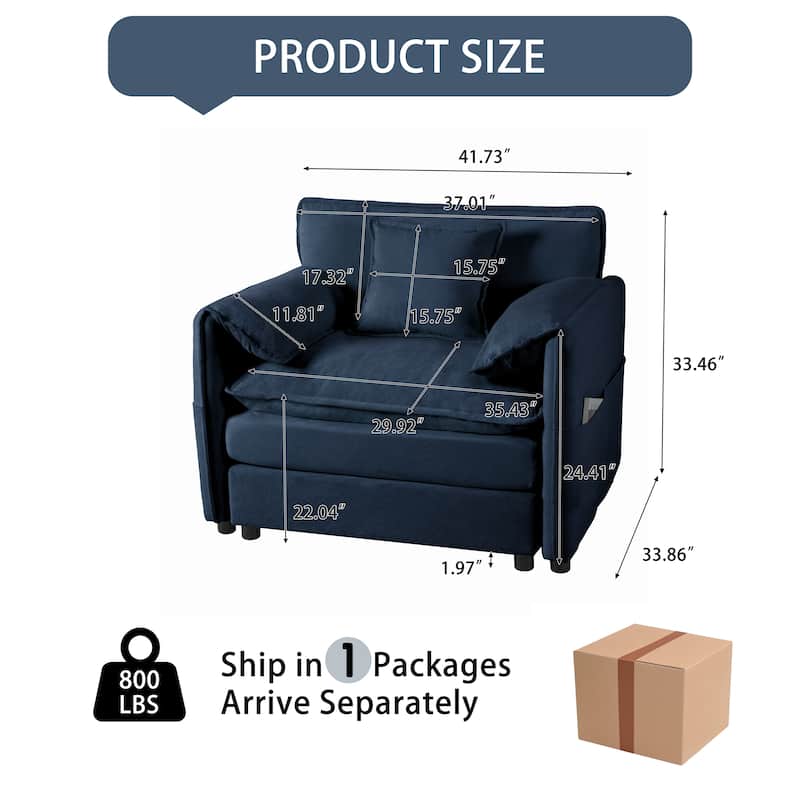 41.73" Blue Chenille Sofa Chair with Dual-Layer Cushions, Storage Pockets, for Living & Bedroom