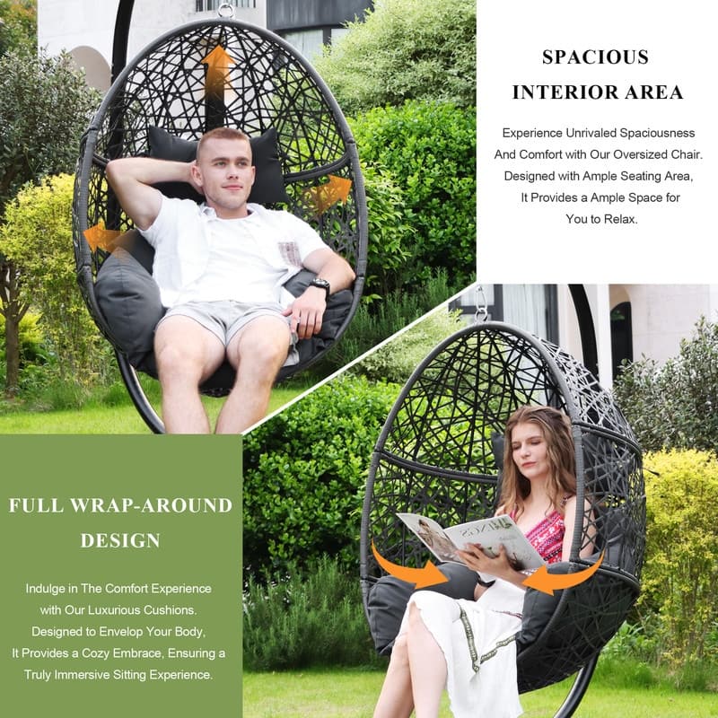 Oversized Egg Chair with Stand, 450 lbs Heavy-Duty Outdoor/Indoor Wicker Hanging Basket Chair