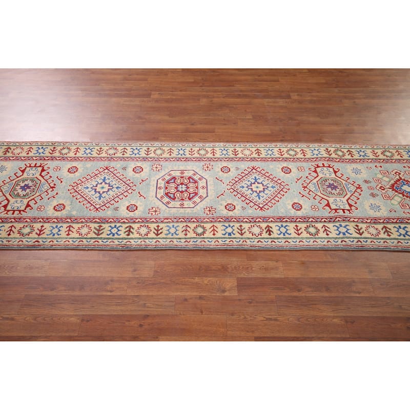 Geometric Kazak Oriental Runner Rug Hand-Knotted Grey Wool Carpet - 2'7" x 16'0"