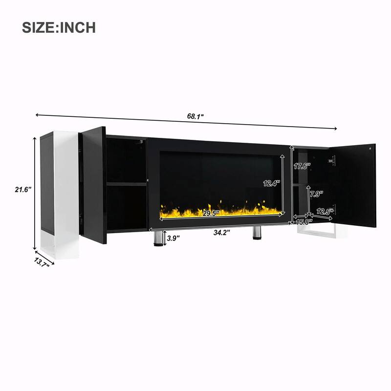 Glossy TV Stand with Non-Heating Electric Fireplace, 2 Cabinets
