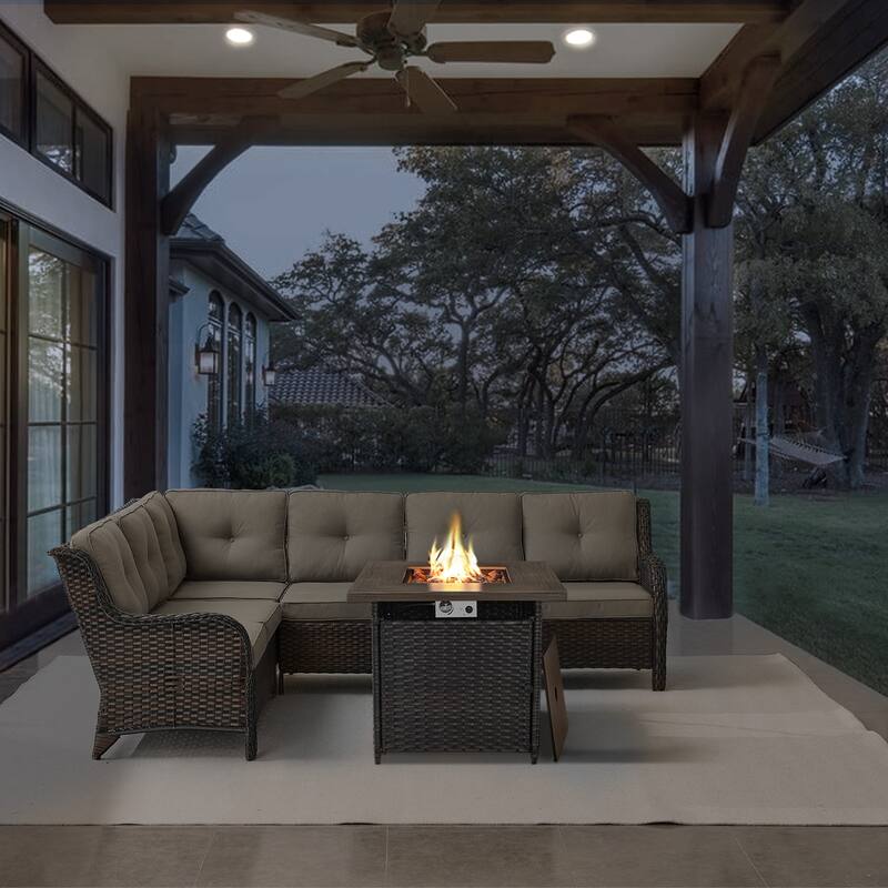 Gymojoy 2-Piece Outdoor Wicker Patio Furniture with Fire Pit and L-shaped Sectional Sofa, Coversation Set with Thick Cushions