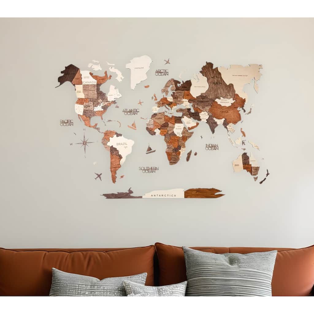 HomeRoots 35" X 59" Brown and Beige Wood World Map Hanging Dimensional Sculpture