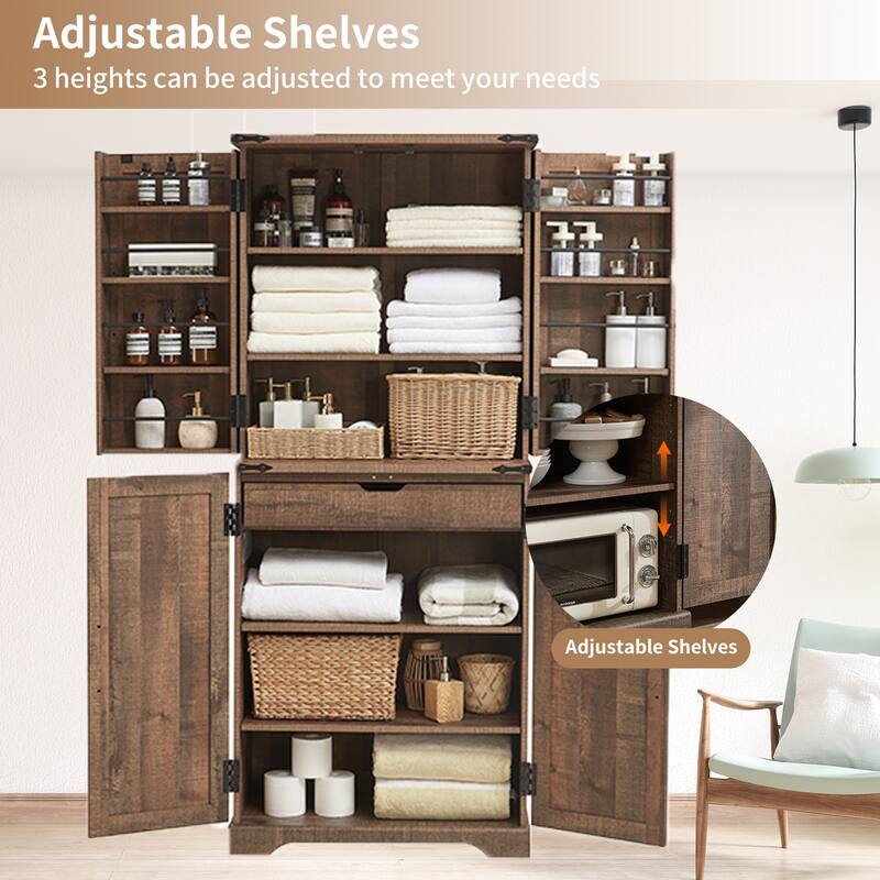 Farmhouse Wood Pantry Cabinet with Barn Doors, Adjustable Shelves