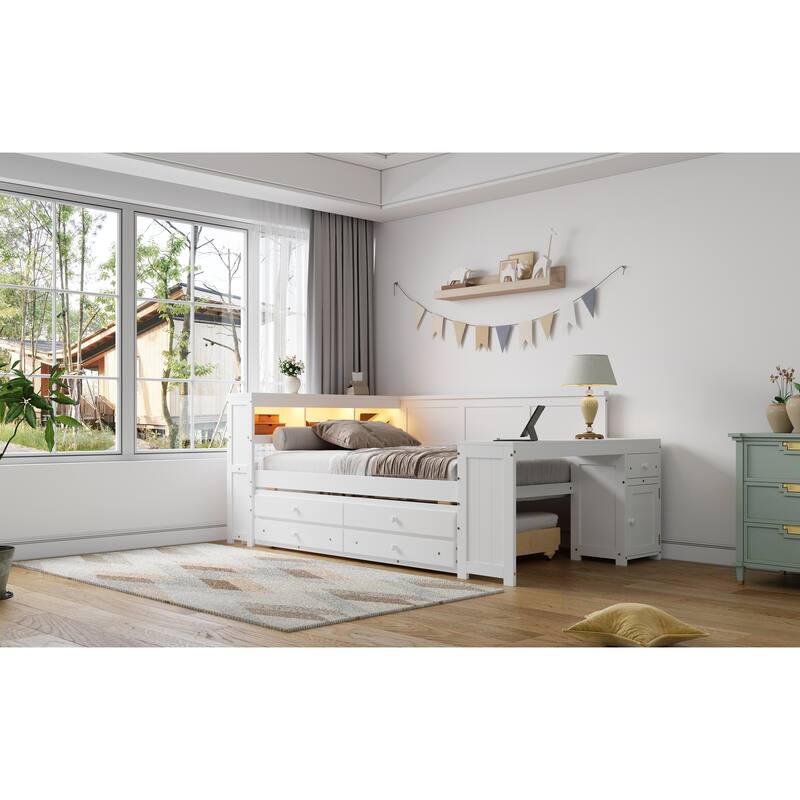 Full Size Daybed with Storage Shelves, Drawers, Trundle, Charging Station, LED Light, Desk and Cabinet