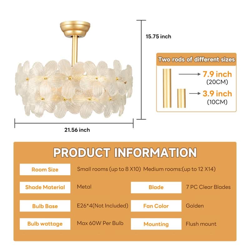 22 in. Indoor Gold Glass Flower Ceiling Fan with Light, Caged Fandelier with Remote Control, 6 Speeds for Bedroom