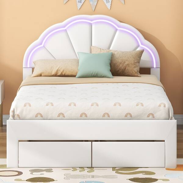slide 2 of 50, Kids Bed Frame Upholstered Platform Bed with LED Seashell Shaped Headboard and 2 Drawers, No Box Spring Needed White - Full