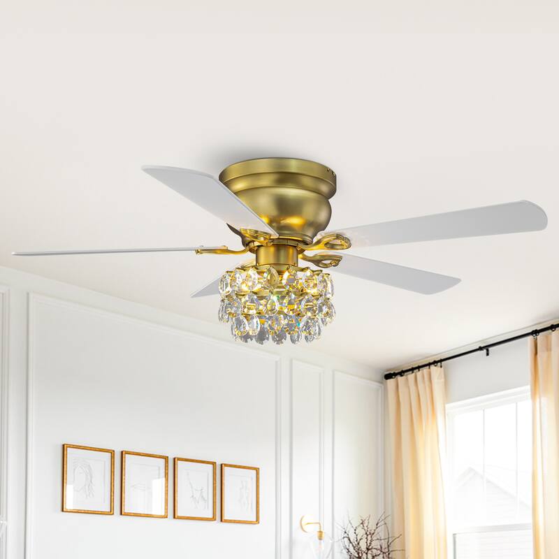 48-inch Modern Brass Crystal Low Profile Chandelier Ceiling Fan with Light and Remote Control - 48"Wx15.1"H