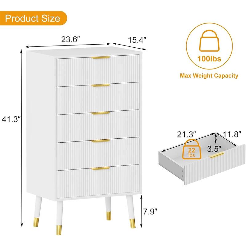 Modern 5-Drawer Fluted Dresser, 57" Wide Wood Chest of Drawers