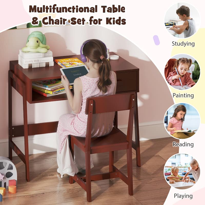 Kids Study Table and Chair Set with Storage Drawer and Hutch and Pine Wood Frame for 3 Over Years Old - 33.5" x 19" x 27.5"