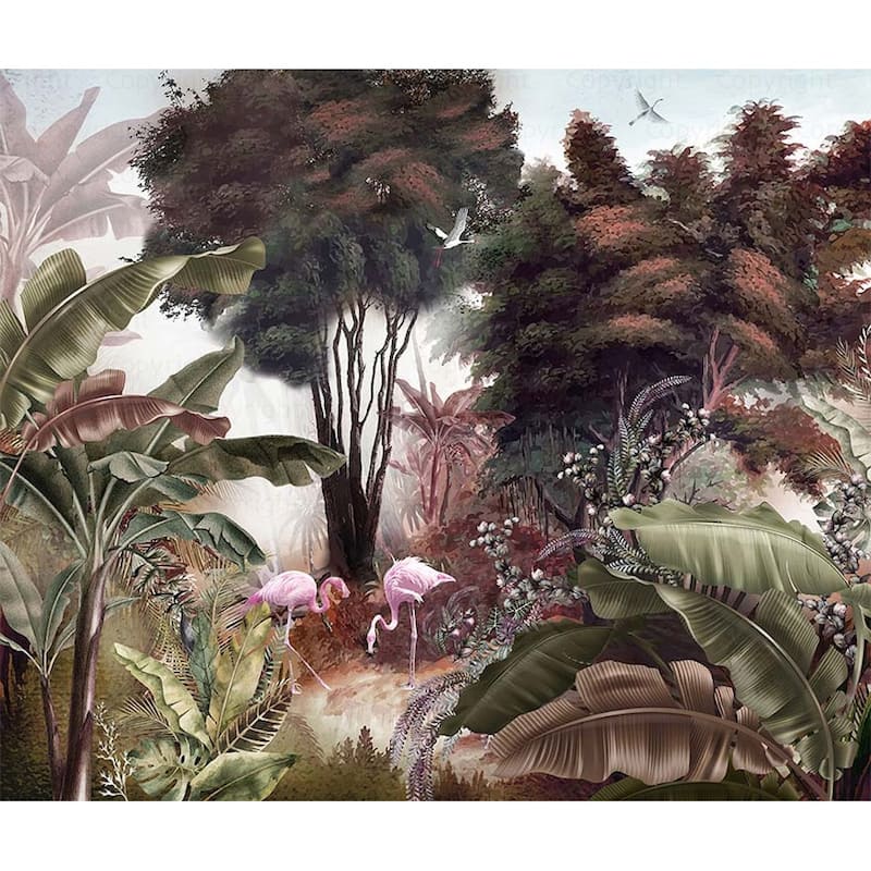 Exotic Jungle Mural Vibrant Flamingos and Tropical Foliage Design - Purple - W:131" x H:118"