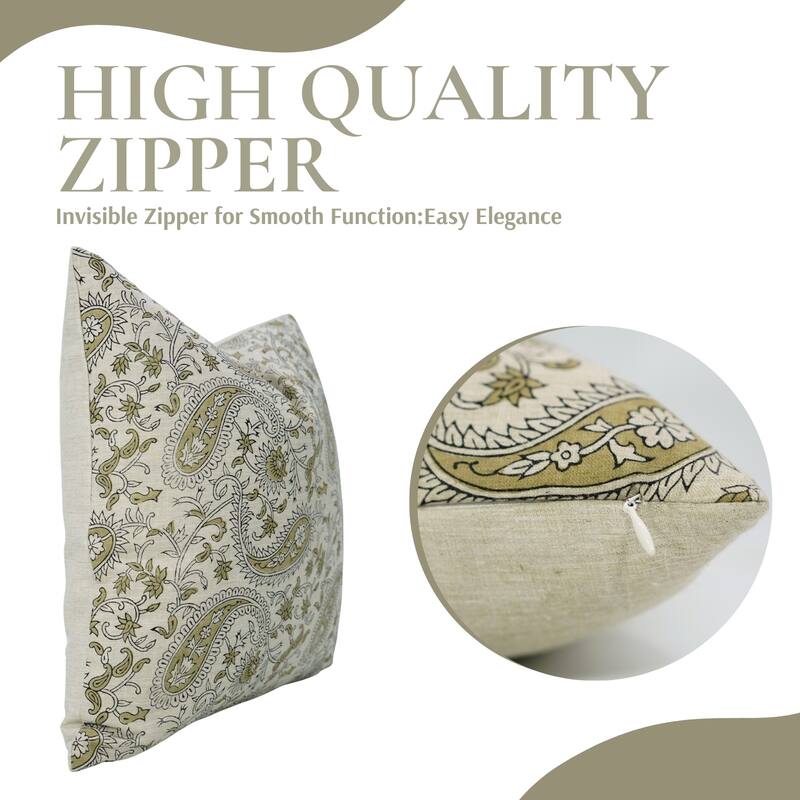 Fabdivine Linen Green Sustainable Home Throw Decorative Pillow Cover for Fall Paisley Bedroom or Dining 18x18 Inch, Kiara