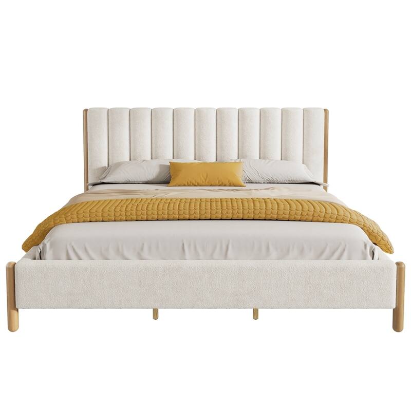 Boucle Upholstered Headboard Platform Bed Wooden Bed Frame