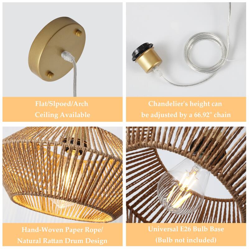 1-Light Modern Semi Flush Mount Chandelier, Handmade Rattan Hanging Pendant Light for Kitchen Island - W12.59"x H5.7"