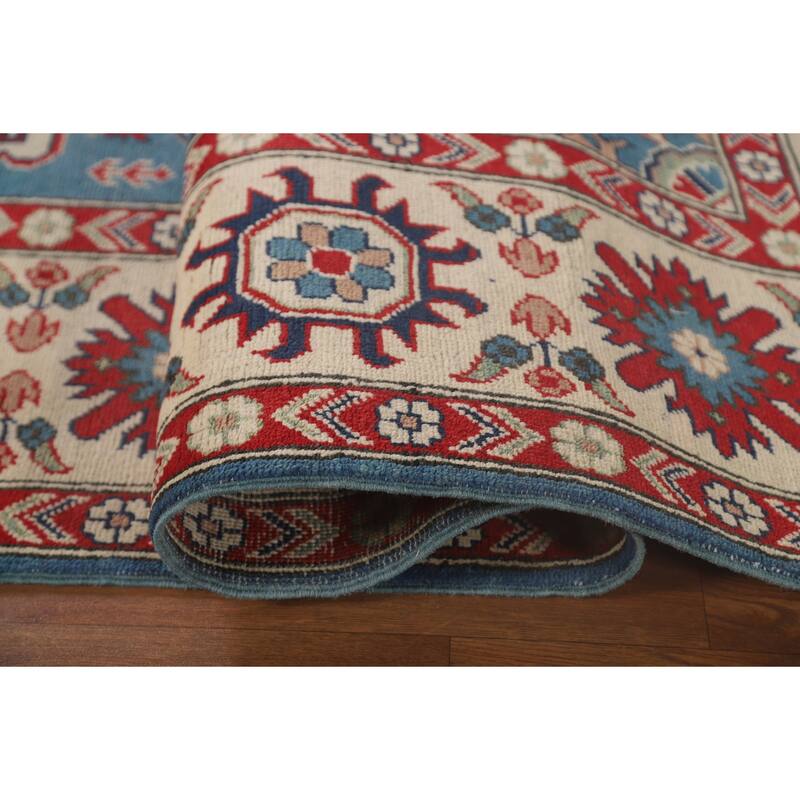 Light Blue Kazak Oriental Area Rug Hand-Knotted Geometric Wool Carpet - 8'4"x 11'2"