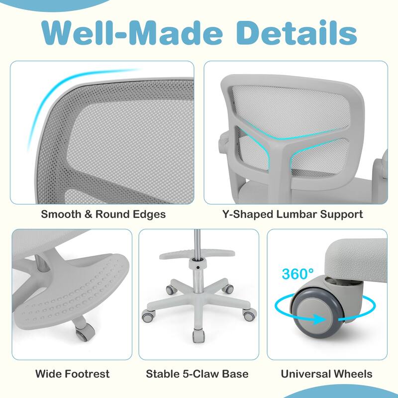Height Adjustable Children Desk Chair with Swivel Base and Lumbar Support Smooth Wheels - 22.5" x 21.5" x 31.5"-36"