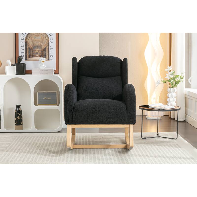 Black Modern 38" High Back Upholstered Rocking Chair with Wood Legs and Packet