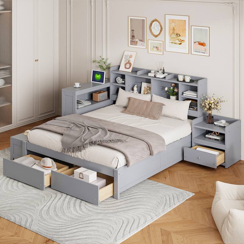Full Size Wooden Platform Bed with Desk, Nightstand, Storage Drawers, USB Ports, and Headboard Storage - Gray