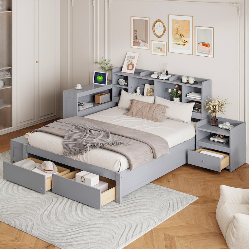 Solid Pine Full Bed Frame, Full Size Wooden Platform Bed with Storage Headboard, 2 Drawers, Nightstand, Desk and USB Ports