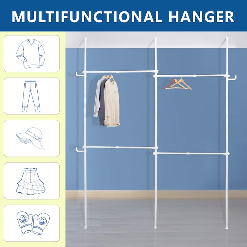 Double Clothing Rack, Adjustable Racks for Hanging Clothes, 2 Tier Clothes Heavy Duty Garment White Closet Freestanding System