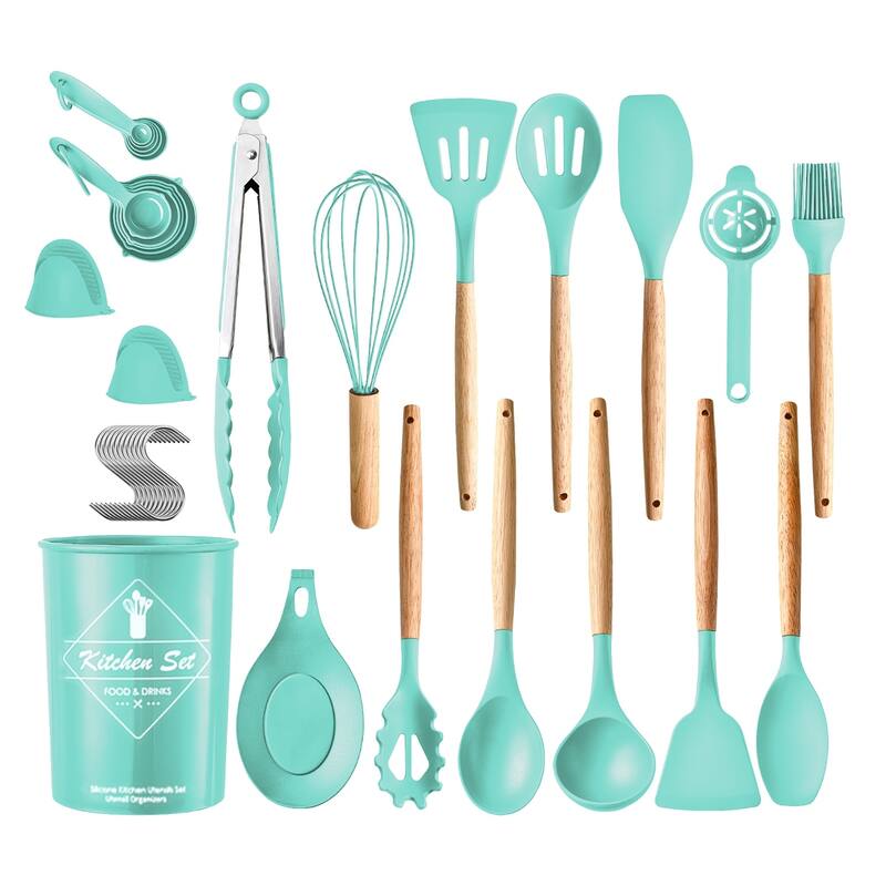 Silicone Stainless Steel 35-Piece Kitchen Utensil Set with Heat Resistant Handles - Green
