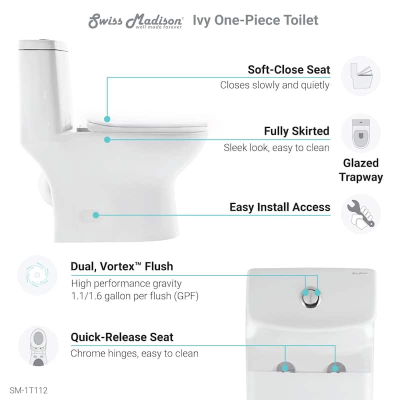 Swiss Madison SM-1T112 Ivy One Piece Dual Vortex 1.1/1.6 GPF Toilet