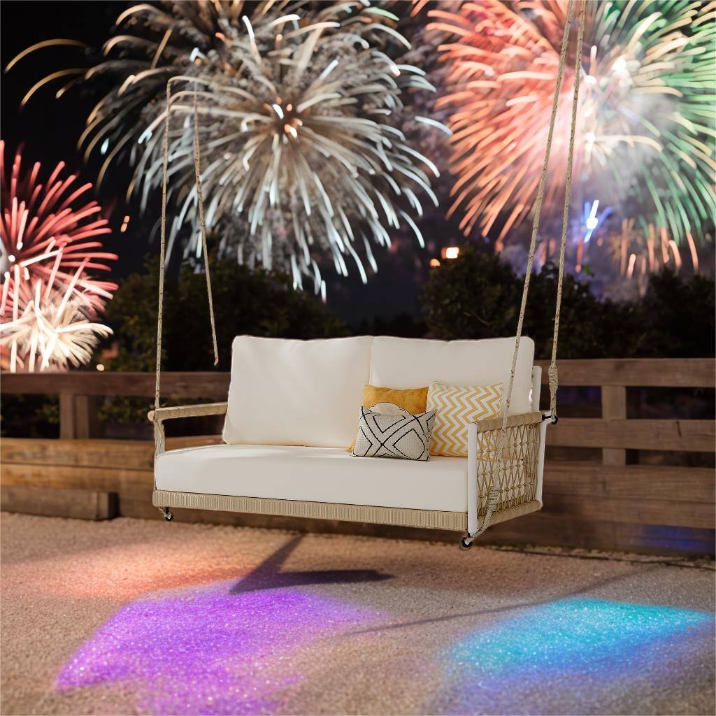 1-Piece Woven Rope Outdoor Swing Sofa with Soft Cushions Seating, White