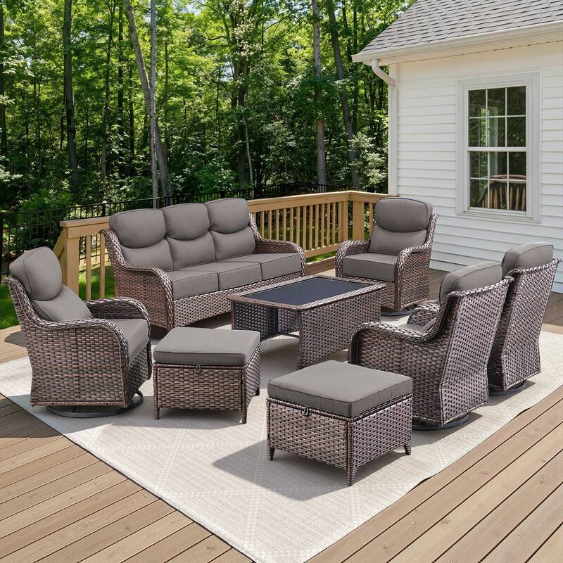 Arcadia 8-Piece Wicker Patio Conversation Set with Swivel Gliders and 6-Inch Thick Olefin Cushions