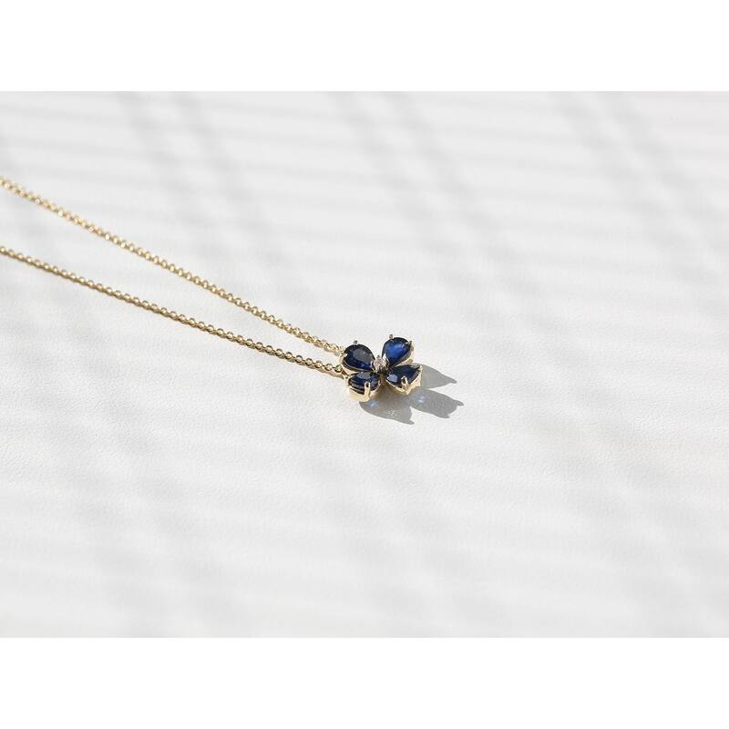 Kobelli 1.54 Carat Dark Blue Sapphire & Diamond 14k Yellow Gold Four Petal Flower Lilah Necklace