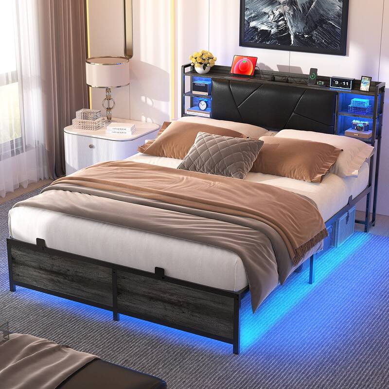 Bed Frame with Upholstered Storage Headboard,Matel Platform Bed with Charging Station and RGB LED Lights,Easy Assembly