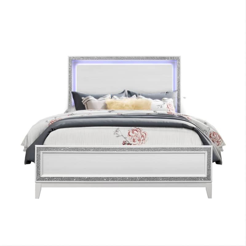 HomeRoots White Faux Crystal Bling Lighted Queen Bed Frame