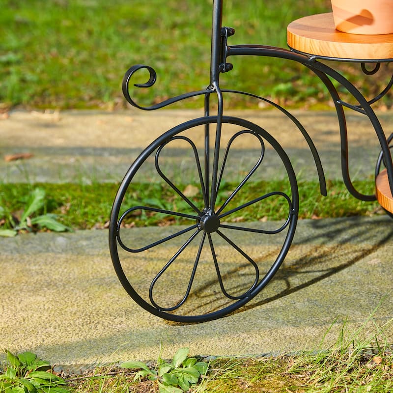 Glitzhome 24"L Spring Metal Tricycle Planter Stands Flower Pot Cart with Wood Trays