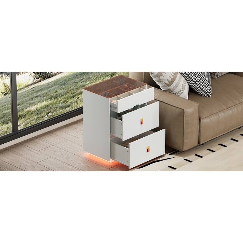 Nightstand with LED Lights & 3 Drawers, Side Table with Glass Top Jewelry Storage Compartments, Small Wood Accent Table