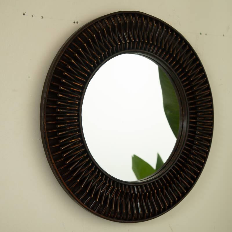 Aura Dark Bamboo Natural Log-Style Circle Wall Mirror - Bathroom, Bedroom, Living Room - Dark Brown,Silver