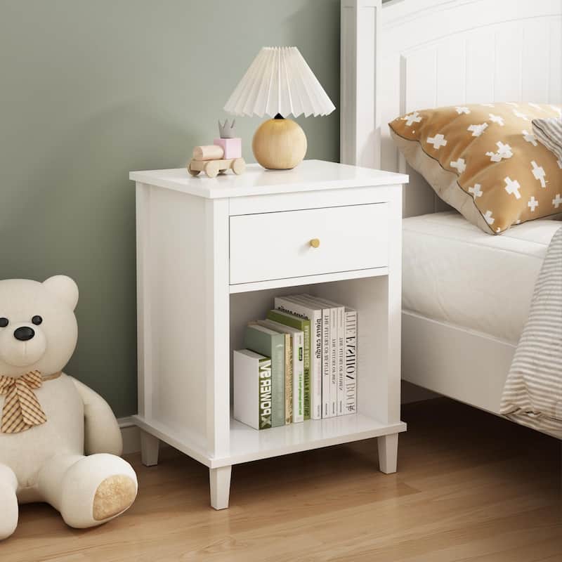 Anmytek White Nightstand with Drawer and Shelf Farmhouse Modern Bedside Table