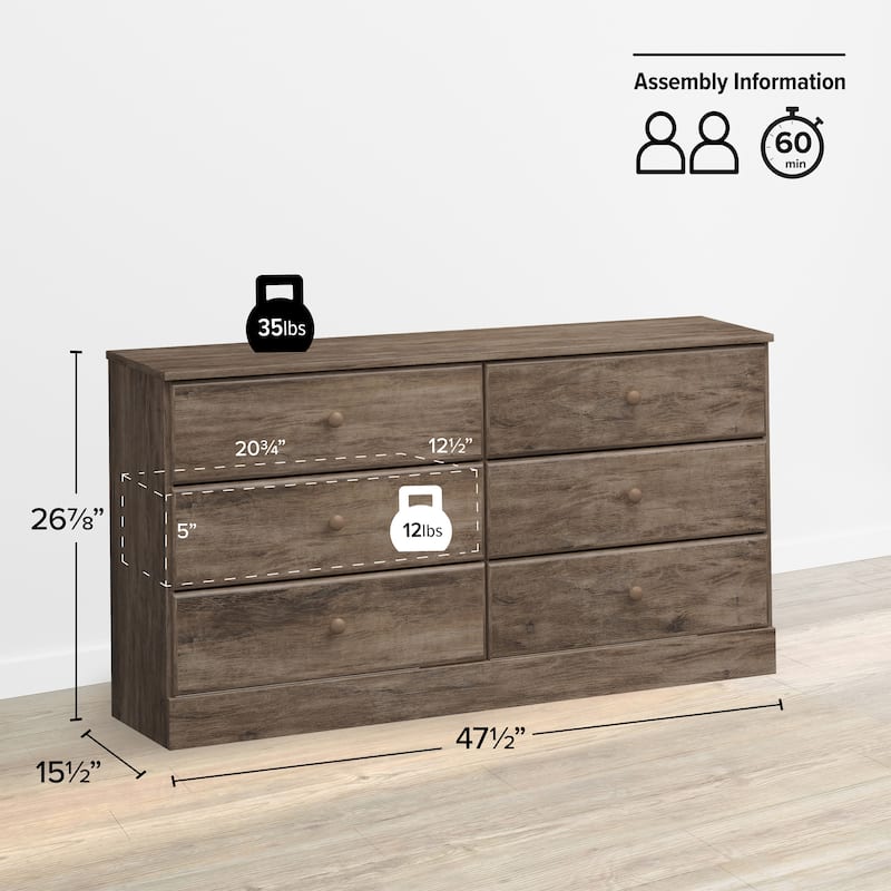 Prepac Astrid 6 Drawer Double Dresser for Bedroom, Wide Chest of Drawers, Bedroom Furniture,Traditional Furniture