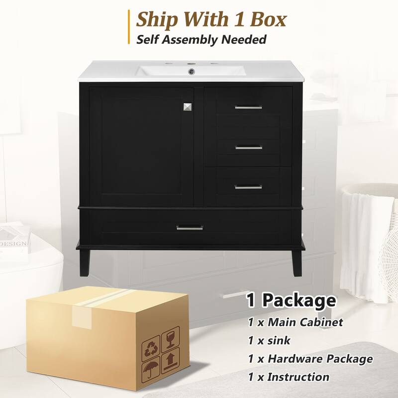 Elegant 36-Inch Bathroom Vanity with Undermount Ceramic Sink, Soft Close Storage Drawers, Silver Handles - Contemporary Look