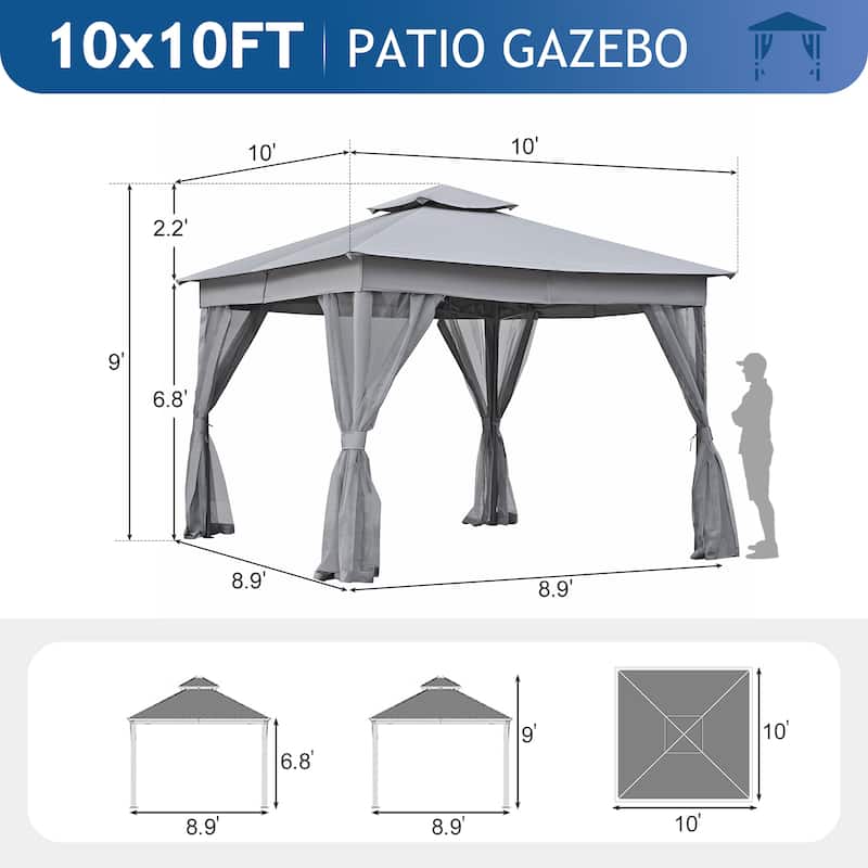 10x10 Outdoor Gazebo Tent with Double Roofs, Patio Gazebo with Mosquito Netting, Canopy for Backyard, Garden, Lawn and Deck