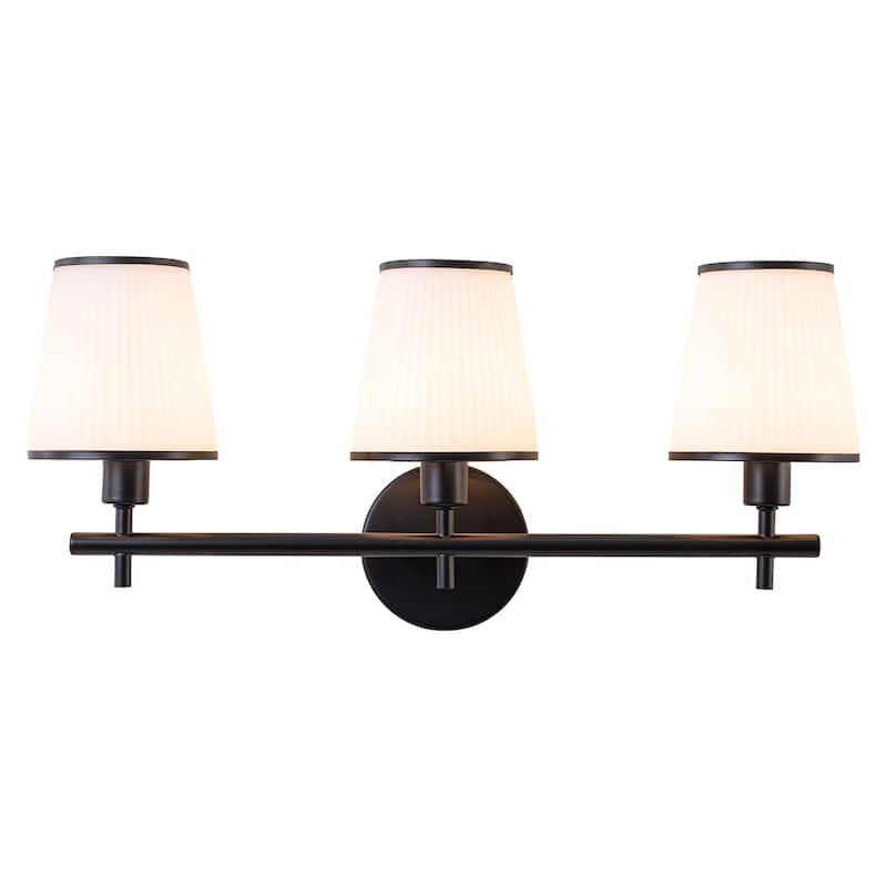3-Light Matte Black Metal Wall Sconce Ribbed Fabric Shade Traditional