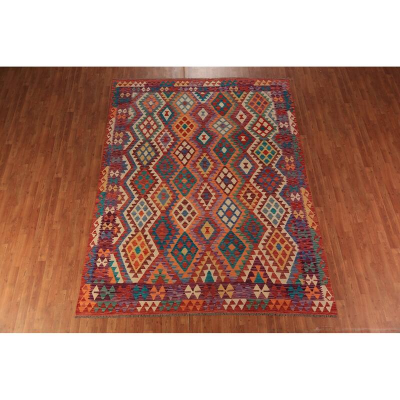 Colorful Kilim Oriental Area Rug Flatweave Orange Wool Carpet - 7'9"x 10'2"