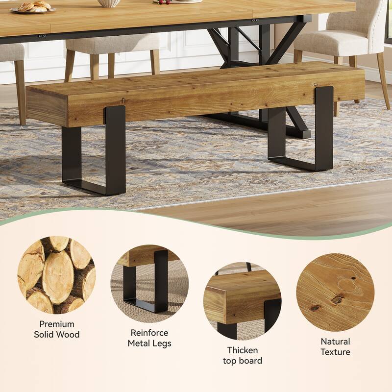 63" Solid Wood Dining Bench with Metal Legs, Farmhouse Style