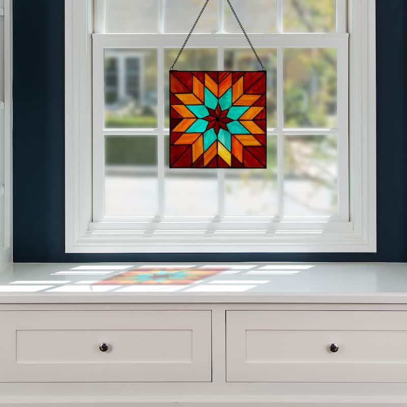 River of Goods Bold Geometric Floral River of Goods Stained Glass Window Panel - 12" x 0.25" x 12"