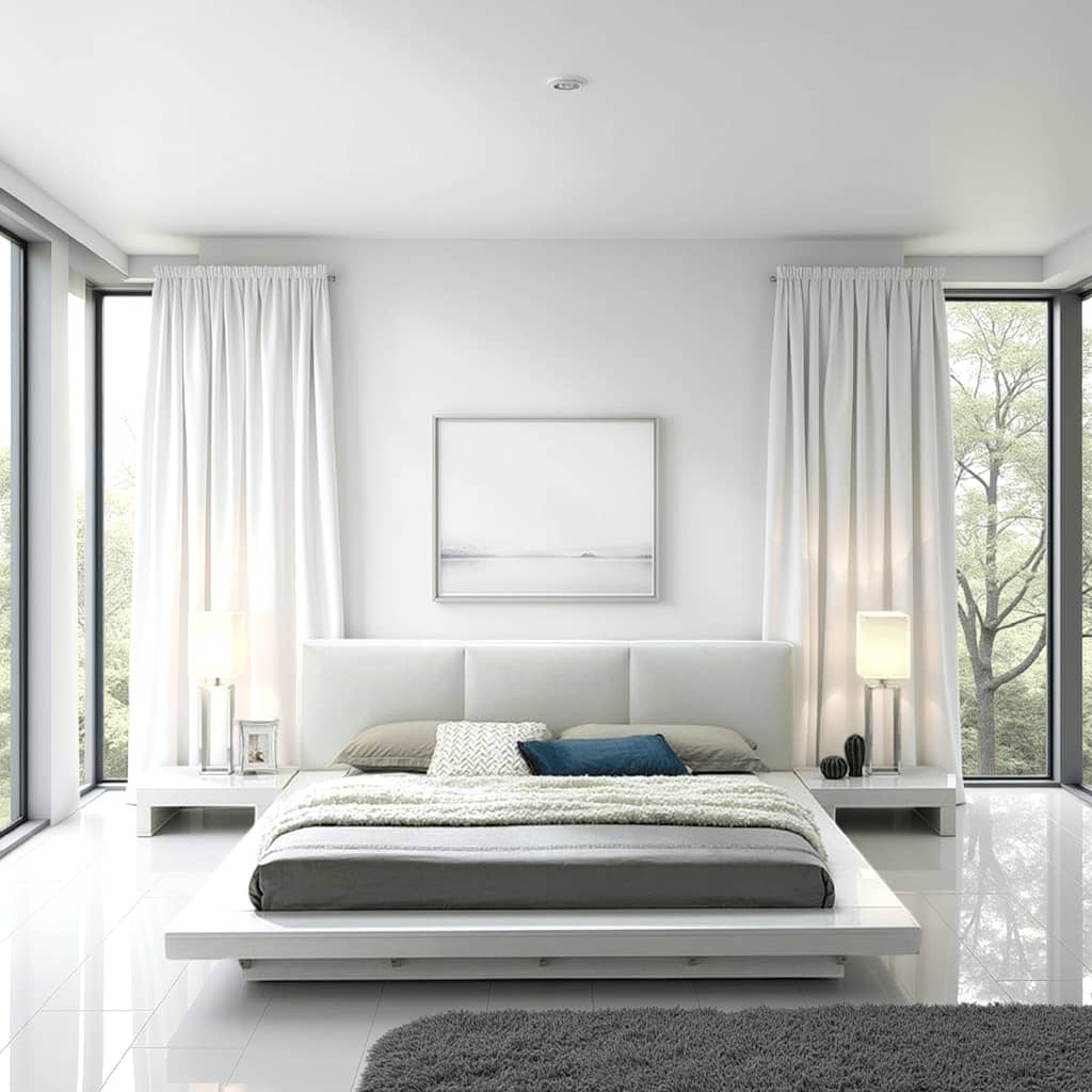 Rishi 4 Pc Queen Size Bedroom Set, Low Profile, Leatherette Padding, White