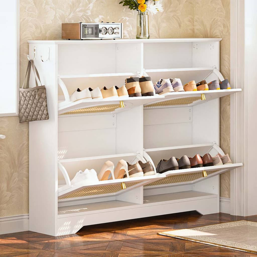 Exquisite and Elegant Tipping Bucket Shoe Cabinet with 4 Flip Drawers,Doors and 2 Hooks